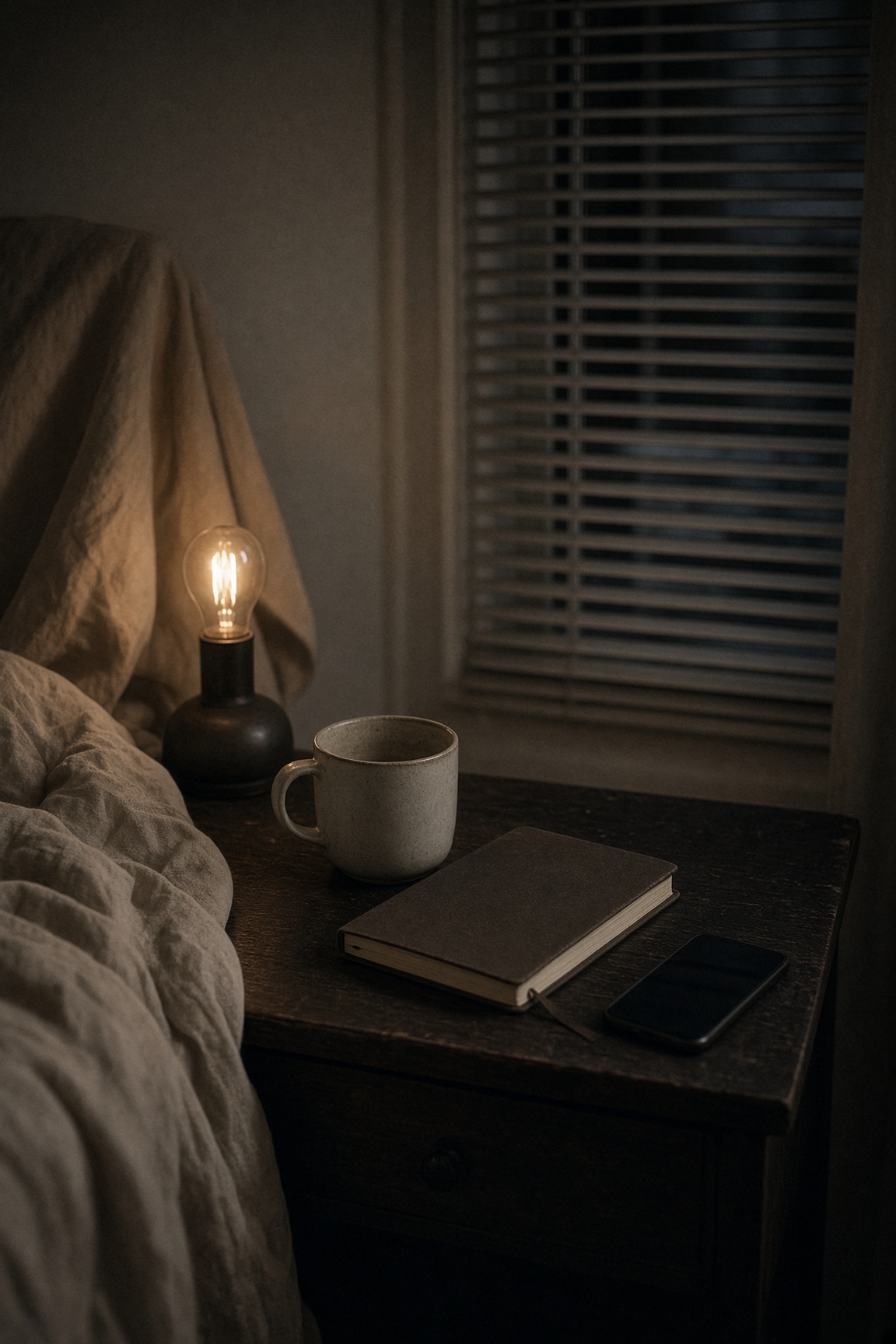 A dim nightstand with a cold cup, a closed notebook, and a lamp barely on