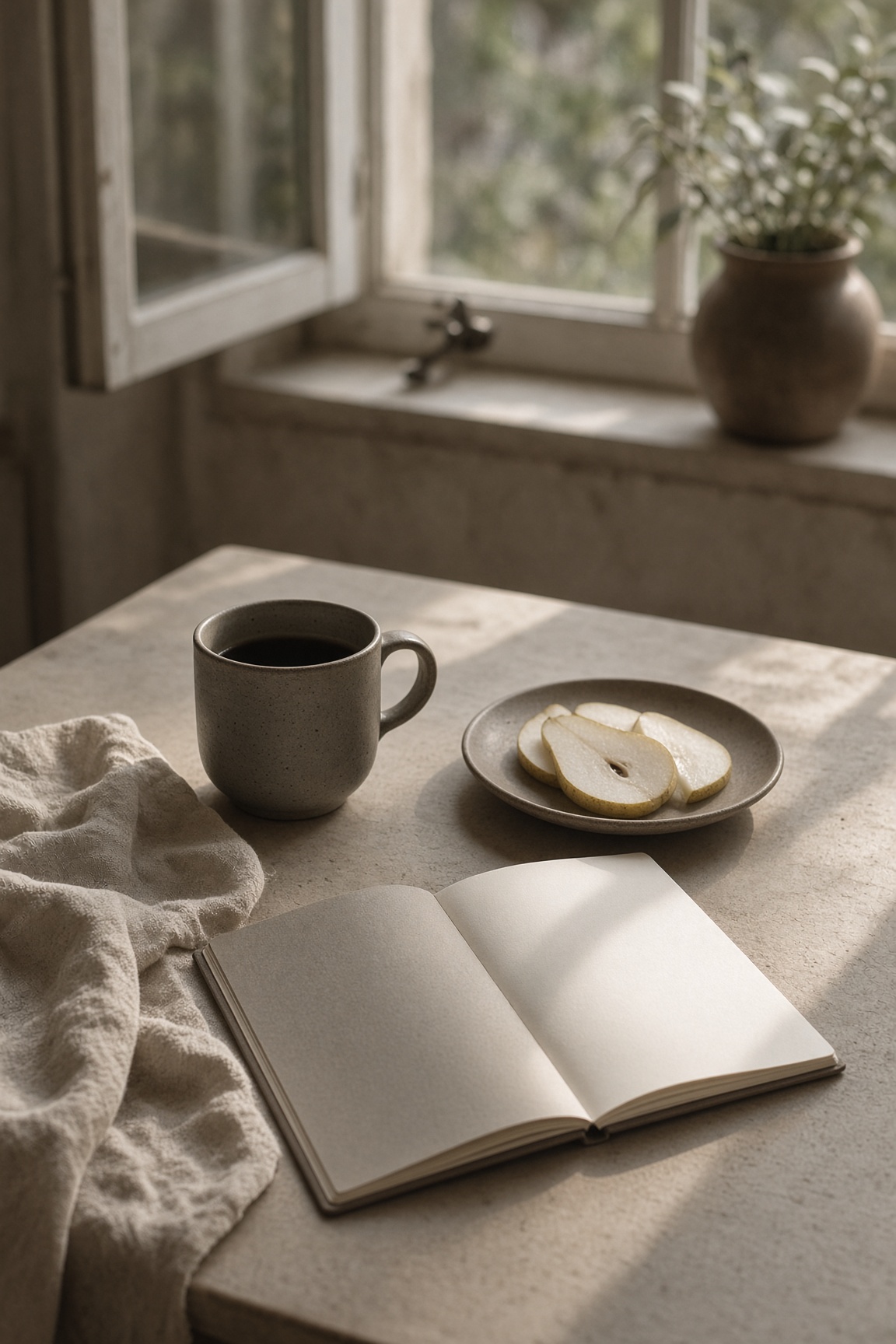 A sunlit table with a ceramic cup, pear, and a blank notebook