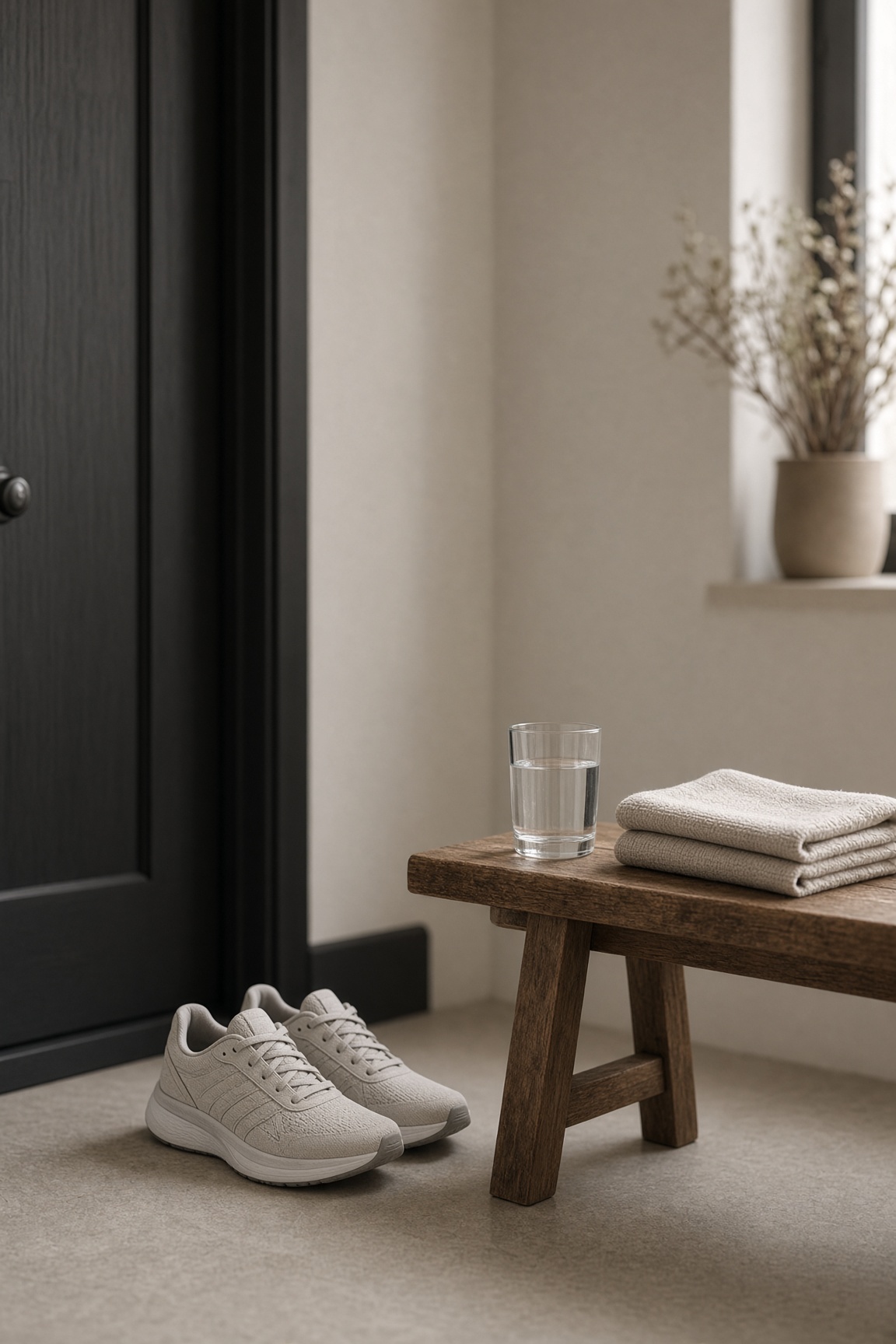 Running shoes by a door and a glass of water in morning light